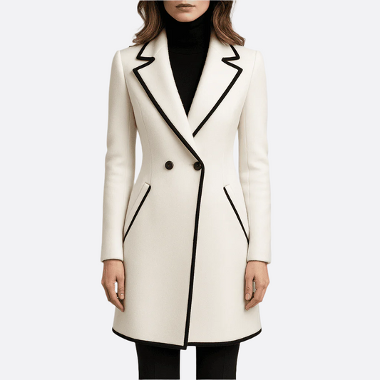 Femmes - Manteau chic - Tissu mélangé - Double boutonnage - Bordures noires - Intemporelle pour toutes les occasions