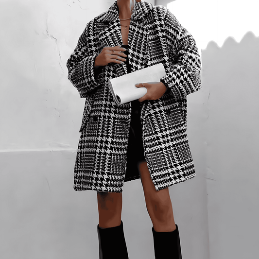 Femmes - Manteau surdimensionné en laine à carreaux - Longueur genoux