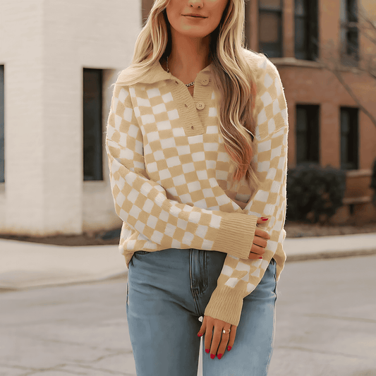 Femmes - Pull en laine à col en V - Encolure boutonnée