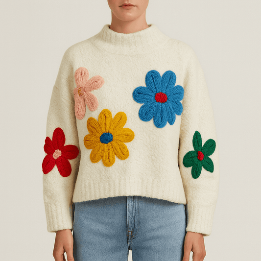Femmes - Pull surdimensionné à fleurs blanches - Gros Tricot