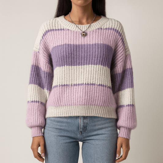 Femmes - Pull rayé en tricot à manches longues - Col ras du cou