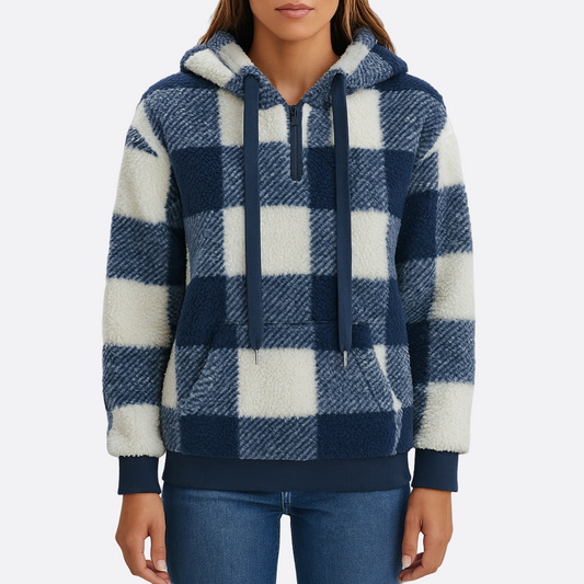 Femmes - Sweat à capuche semi-zippé - Motif à carreaux - Tricot Douillet et Tendance