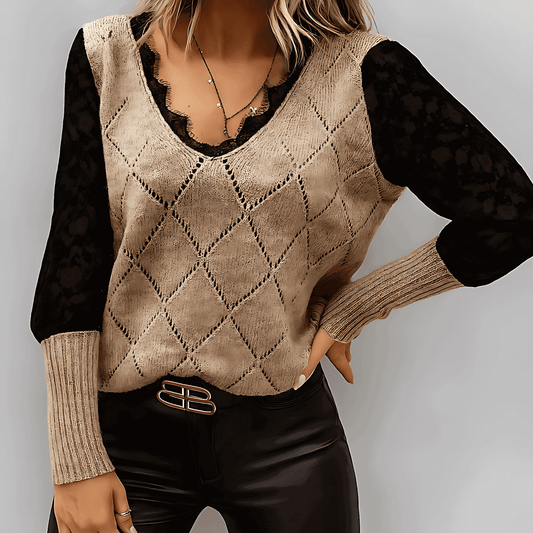 Femmes - Sweat à col en V bordé de dentelle - Mélange de tricots