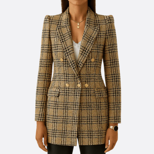 Femmes - Blazer long à carreaux - Matériau durable - Double boutonnage - Élégance intemporelle pour un style moderne