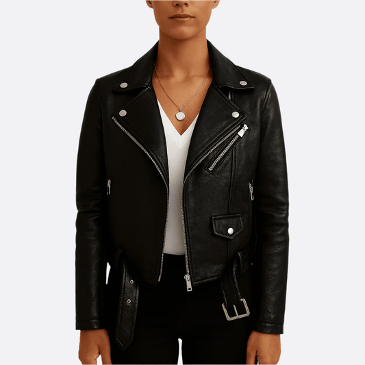 Femmes - Veste en chic - Simili cuir - Fermeture à glissière et ceinture - Élégance moderne