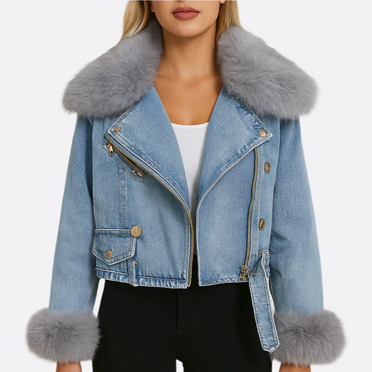 Femmes - Veste en jean - Denim de haute qualité - Col et poignets en fausse fourrure - Veste d'hiver tendance