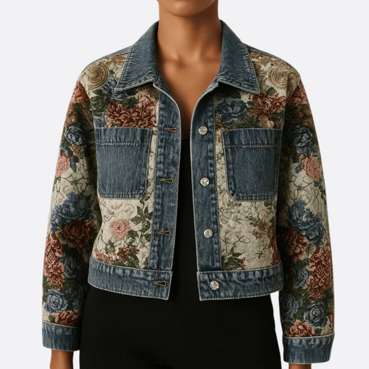 Femmes - Veste en jean à fleurs - Polyester respirant - Style vintage organique peint à la main - Mode unique