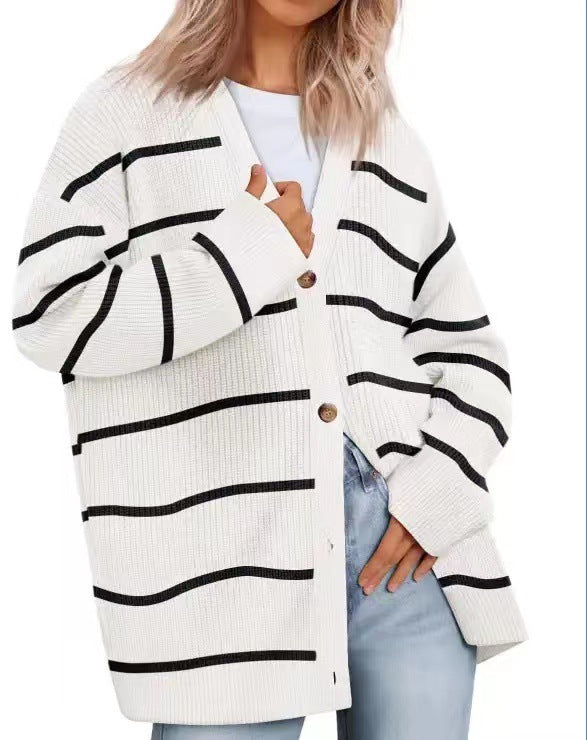 Cardigan boutonné rayé pour femme - Coupe décontractée