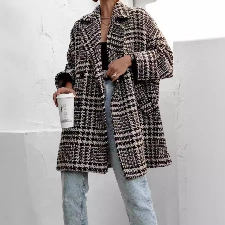Femmes - Manteau surdimensionné en laine à carreaux - Longueur genoux