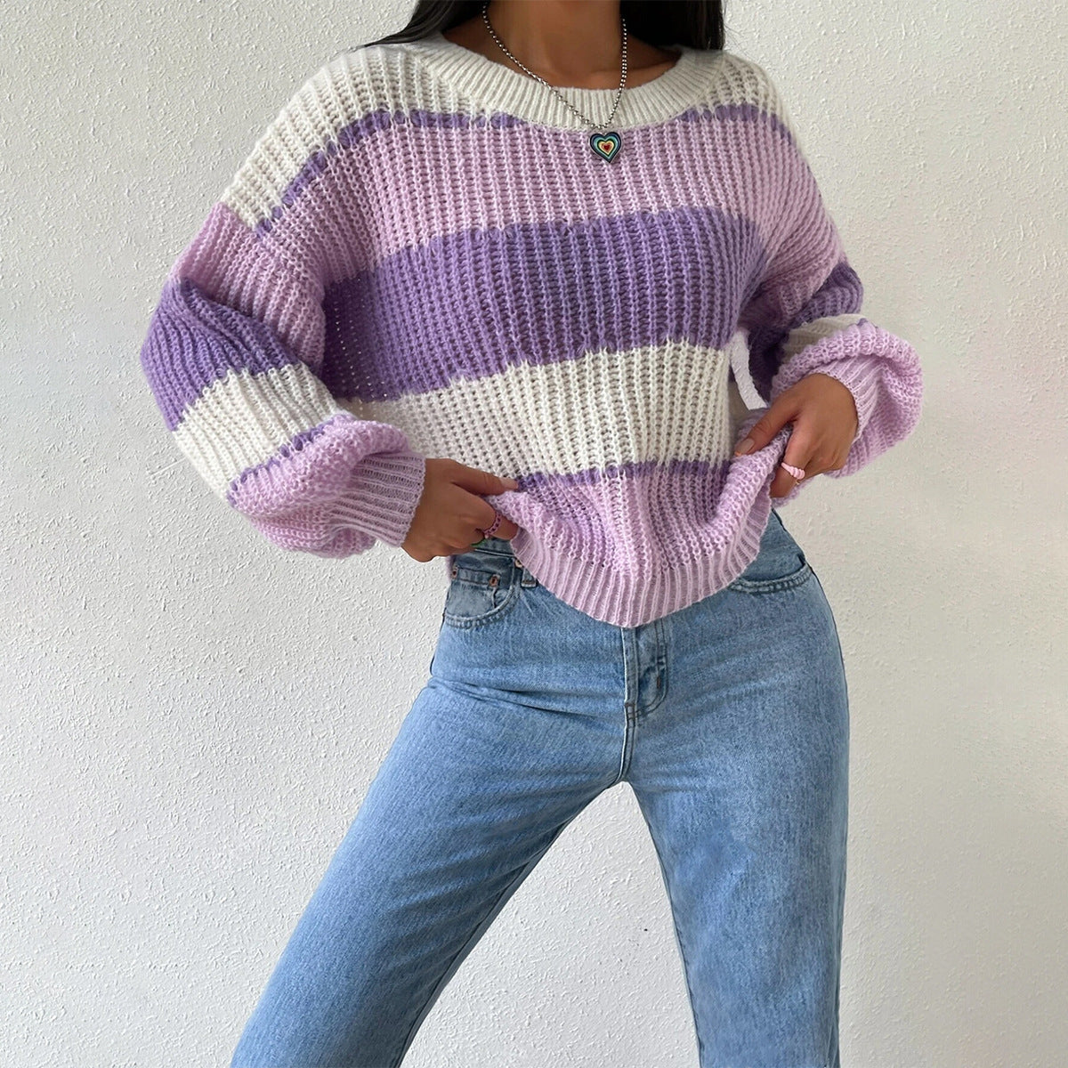 Femmes - Pull rayé en tricot à manches longues - Col ras du cou