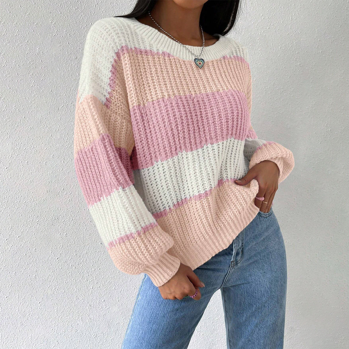Femmes - Pull rayé en tricot à manches longues - Col ras du cou