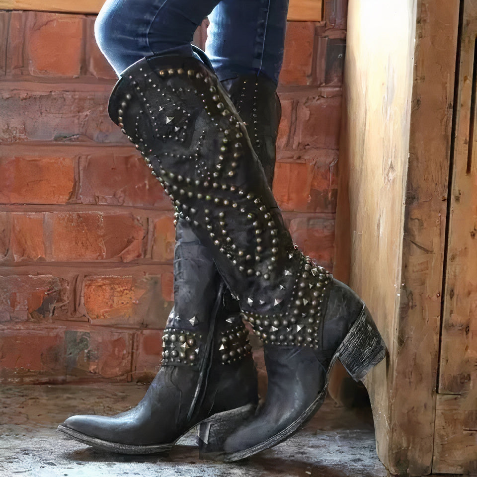 Femmes - Bottes - Rivetées en cuir - Cowboy à hauteur de genou - Style tendance et audacieux
