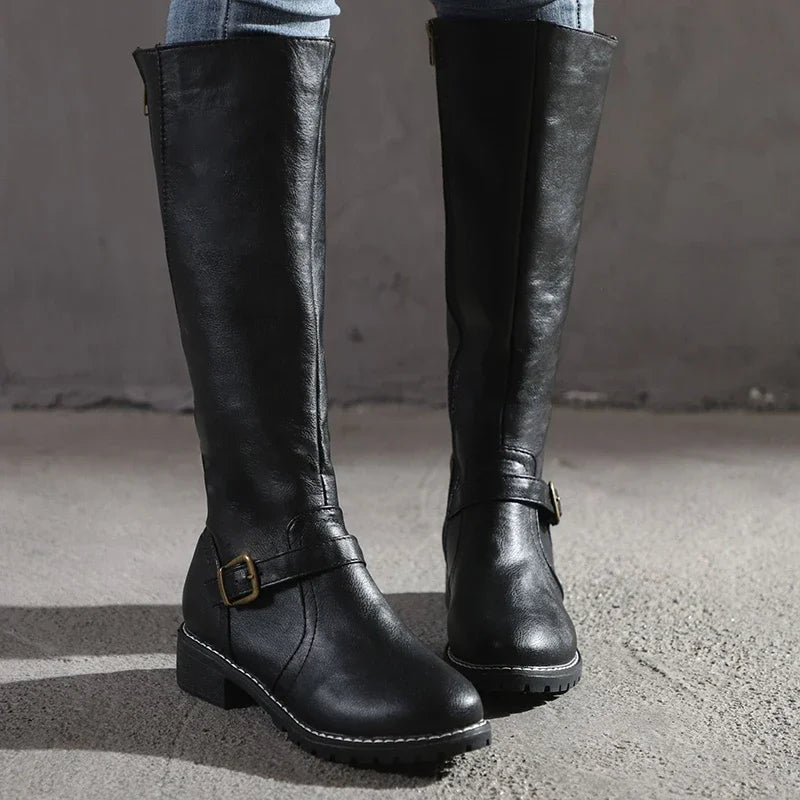Femmes - Bottes classiques à genoux - Cuir avec boucle - Élégance intemporelle pour toutes les occasions