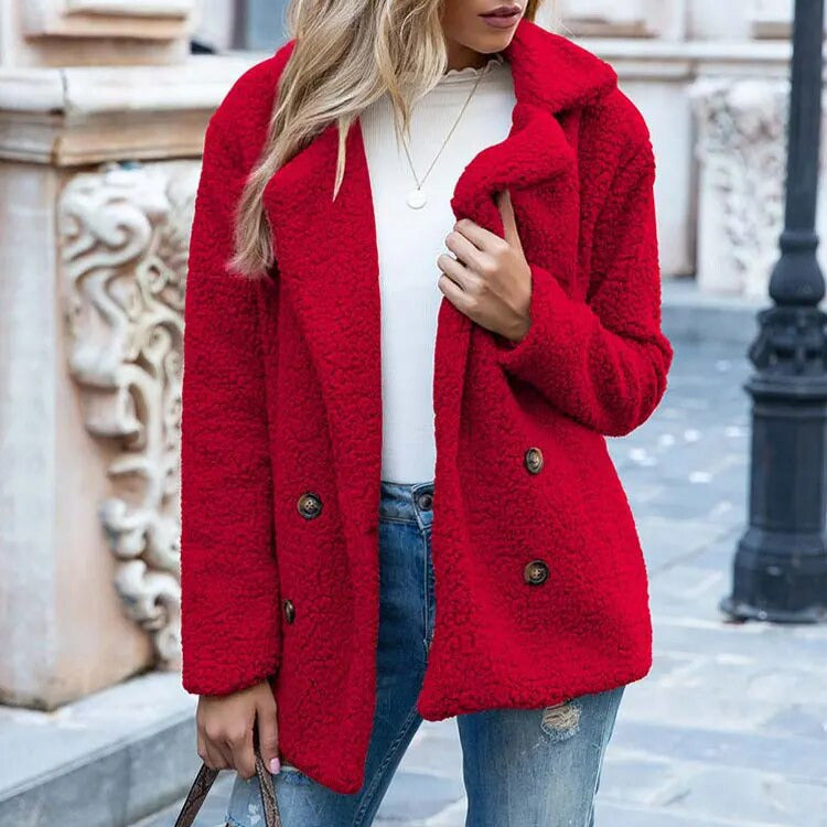 Femmes - Manteau d'hiver boutonné en peluche - Douillet et élégant