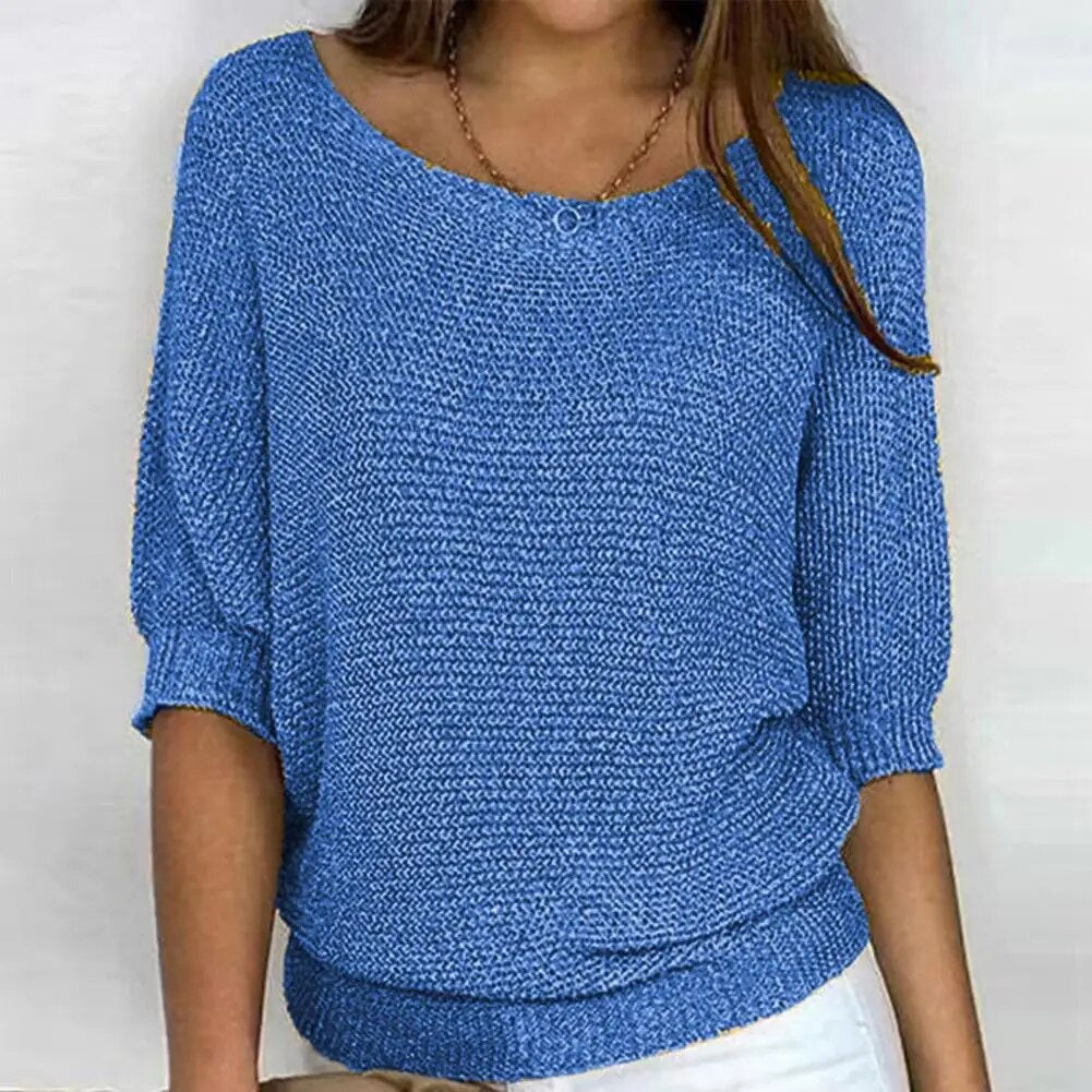 Femmes - Pull en maille doux à col rond - Matière respirante - Manches trois quarts - Élégant pour toutes occasions