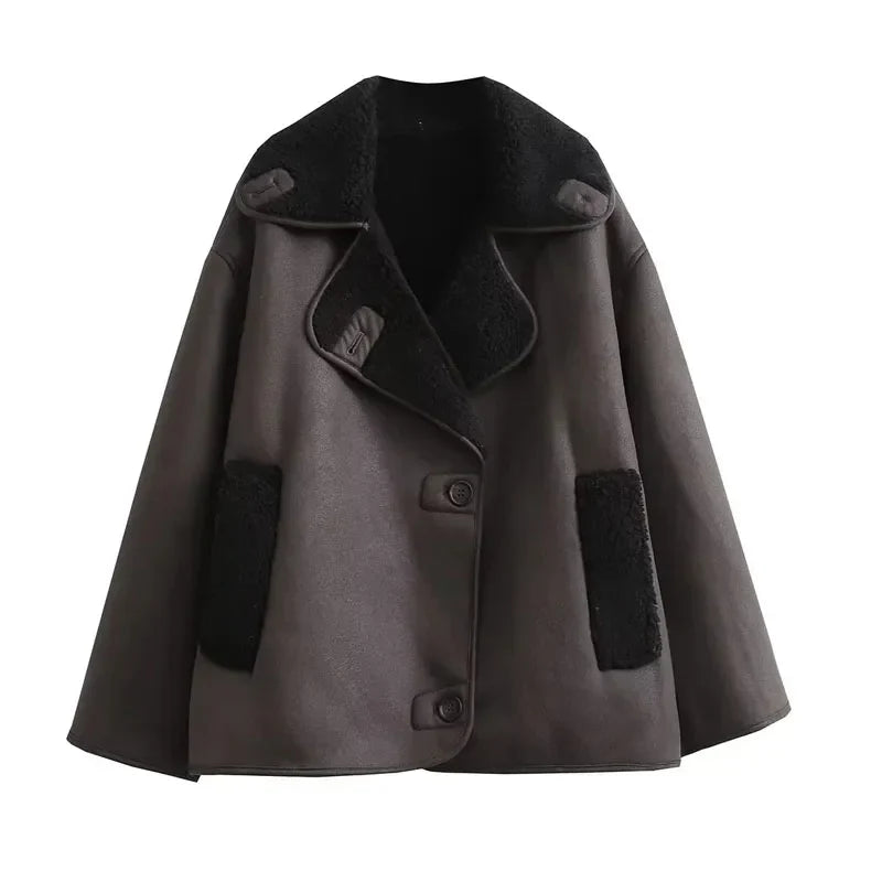 Femmes - Veste d'hiver en cuir - Doublure en peluche et col large