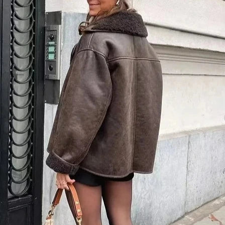 Femmes - Veste d'hiver en cuir - Doublure en peluche et col large