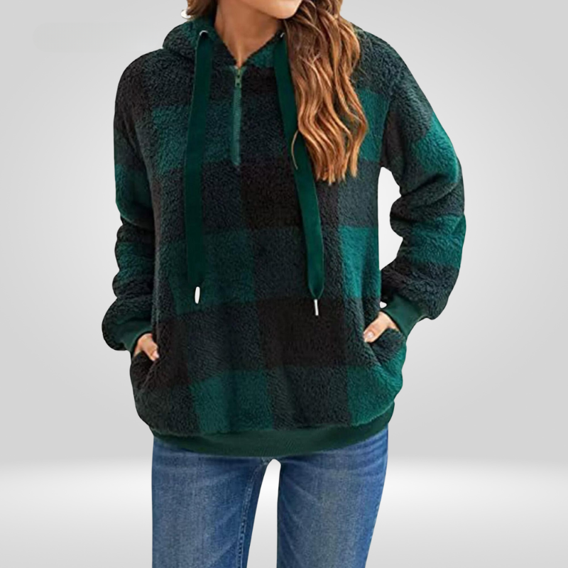 Femmes - Sweat à capuche semi-zippé - Motif à carreaux - Tricot Douillet et Tendance