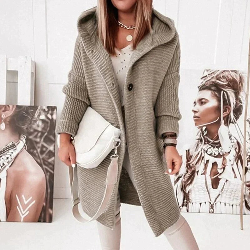 Femmes - Cardigan long en tricot à capuche - Boutonné devant - Élégant et Confortable