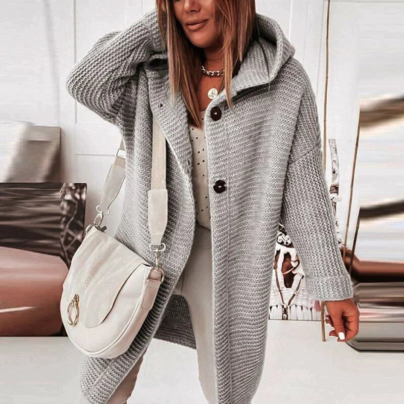 Femmes - Cardigan long en tricot à capuche - Boutonné devant - Élégant et Confortable