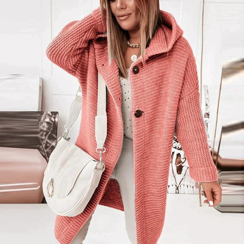 Femmes - Cardigan long en tricot à capuche - Boutonné devant - Élégant et Confortable