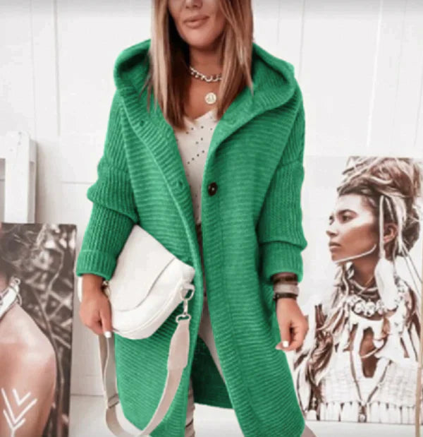 Femmes - Cardigan long en tricot à capuche - Boutonné devant - Élégant et Confortable