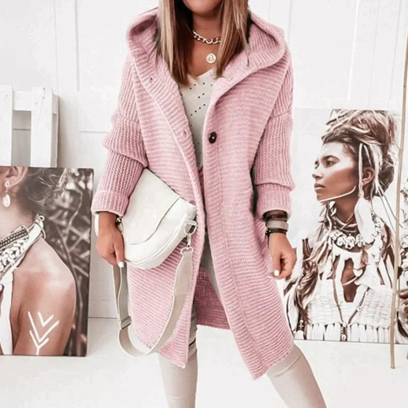 Femmes - Cardigan long en tricot à capuche - Boutonné devant - Élégant et Confortable