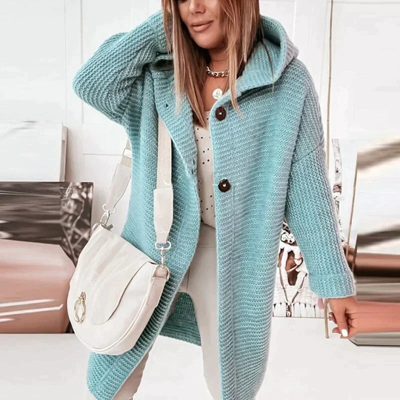 Femmes - Cardigan long en tricot à capuche - Boutonné devant - Élégant et Confortable
