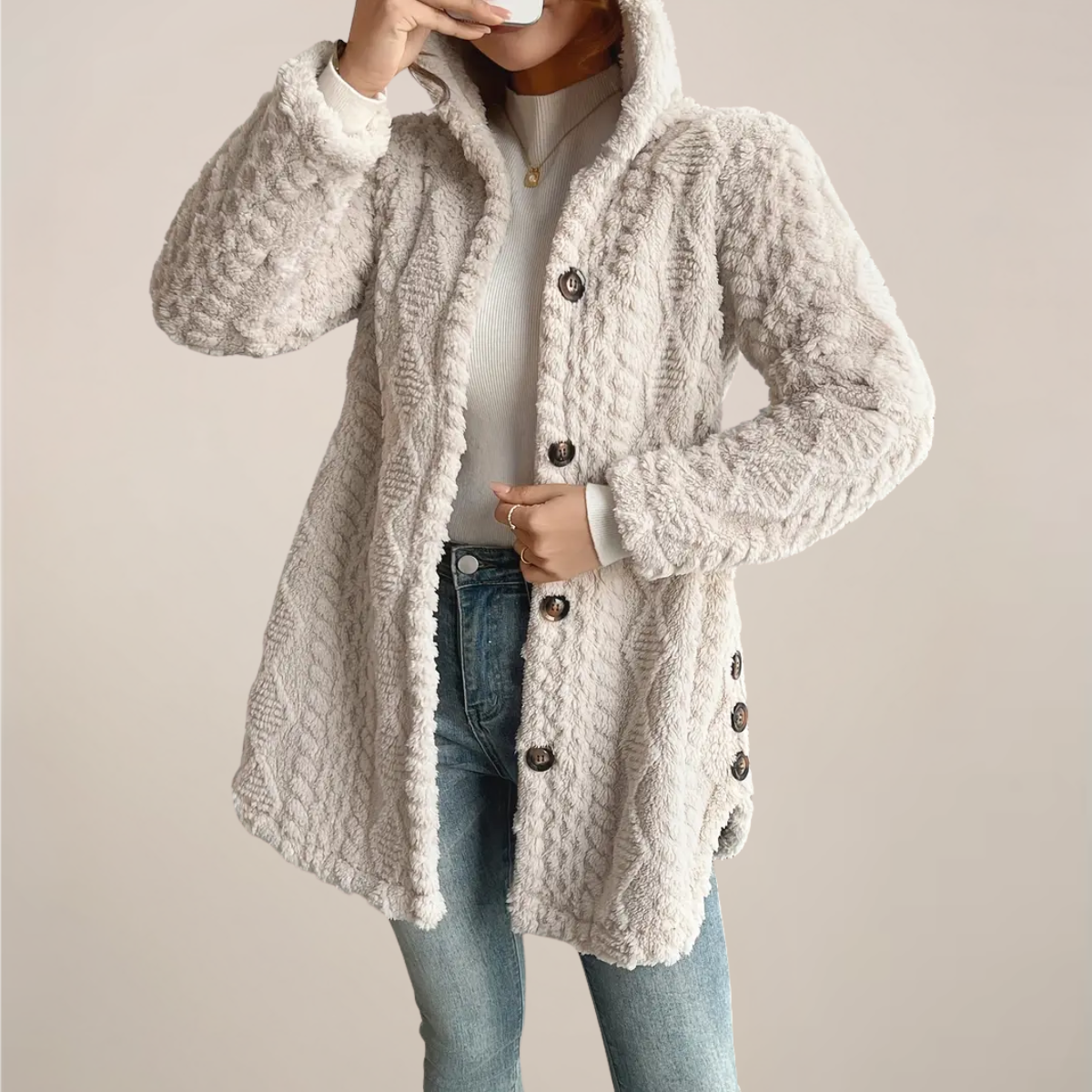 Femmes - Manteau en peluche Jacquard à capuche - Cardigan douillet