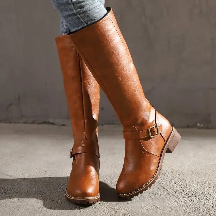 Femmes - Bottes classiques à genoux - Cuir avec boucle - Élégance intemporelle pour toutes les occasions