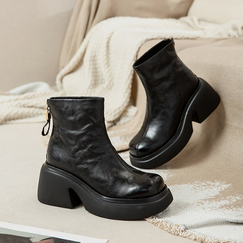 Femmes - Bottes à plateforme - Cuir de vache - Fermeture à glissière - Élégantes et Confortables