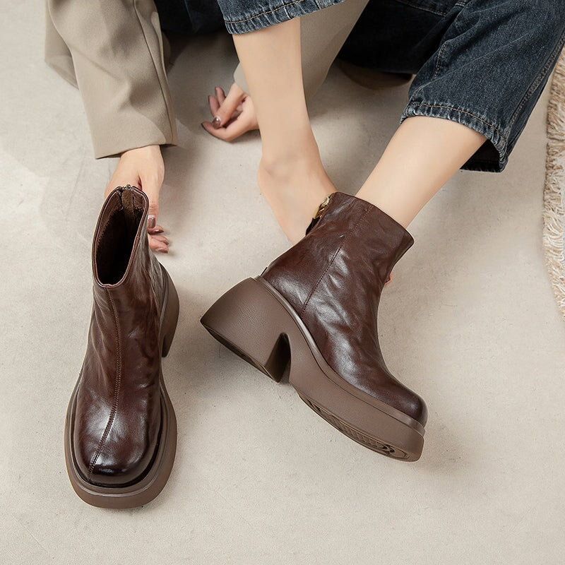 Femmes - Bottes à plateforme - Cuir de vache - Fermeture à glissière - Élégantes et Confortables