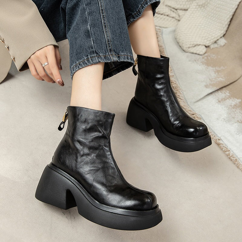 Femmes - Bottes à plateforme - Cuir de vache - Fermeture à glissière - Élégantes et Confortables