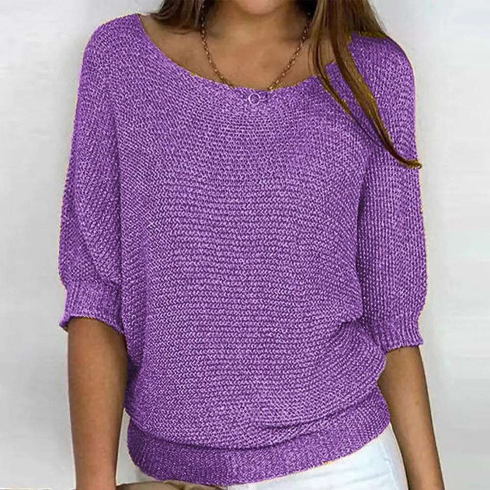 Femmes - Pull en maille doux à col rond - Matière respirante - Manches trois quarts - Élégant pour toutes occasions