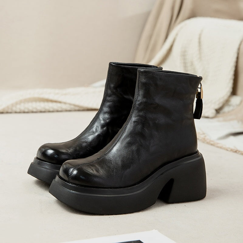 Femmes - Bottes à plateforme - Cuir de vache - Fermeture à glissière - Élégantes et Confortables