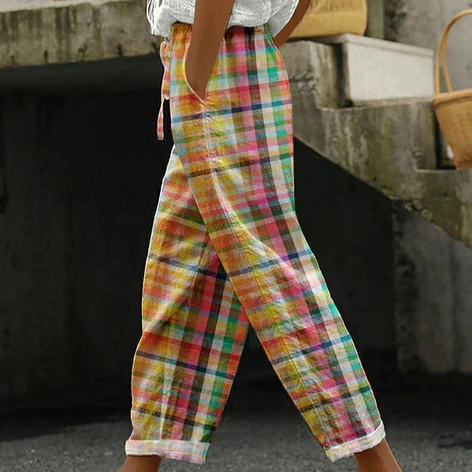 Femmes - Pantalon à carreaux chic - Tissu doux, coupe élégante - Confort et style au quotidien