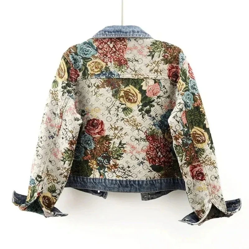 Femmes - Veste en jean à fleurs - Polyester respirant - Style vintage organique peint à la main - Mode unique