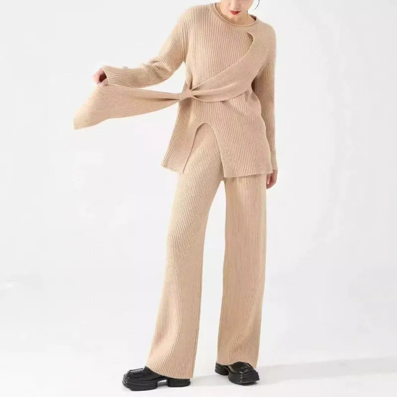 Femmes - Ensemble deux pièces en tricot - Pull et pantalon souples
