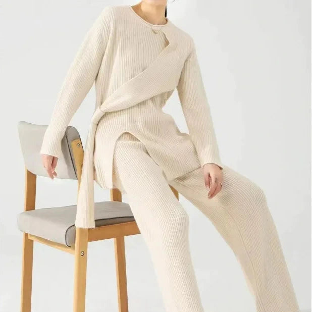 Femmes - Ensemble deux pièces en tricot - Pull et pantalon souples