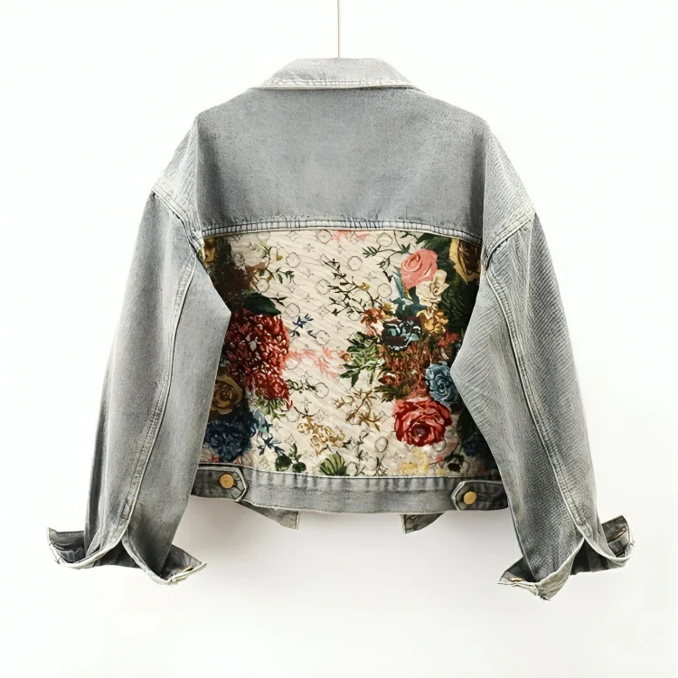 Femmes - Veste en jean à fleurs - Polyester respirant - Style vintage organique peint à la main - Mode unique