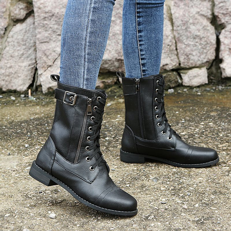 Femmes - Bottes mi-mollets à lacets - Fermeture à glissière et boucle