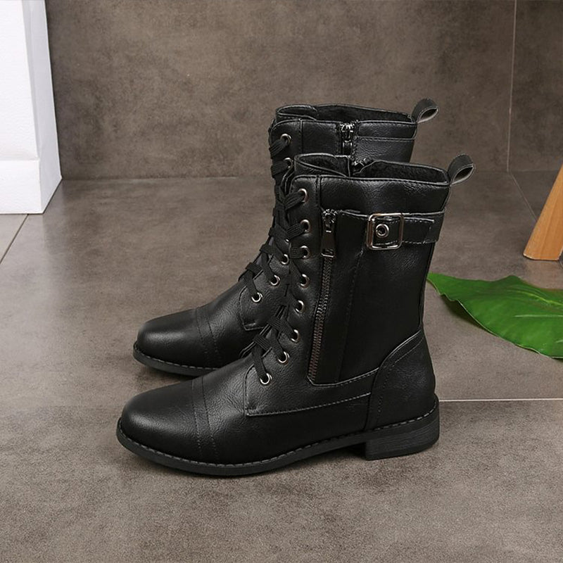 Femmes - Bottes mi-mollets à lacets - Fermeture à glissière et boucle