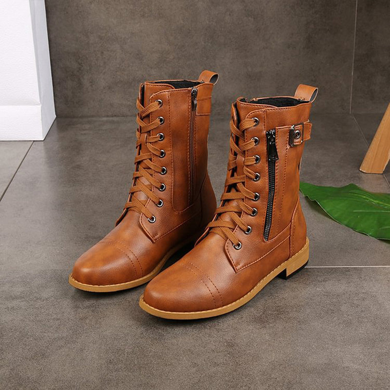 Femmes - Bottes mi-mollets à lacets - Fermeture à glissière et boucle