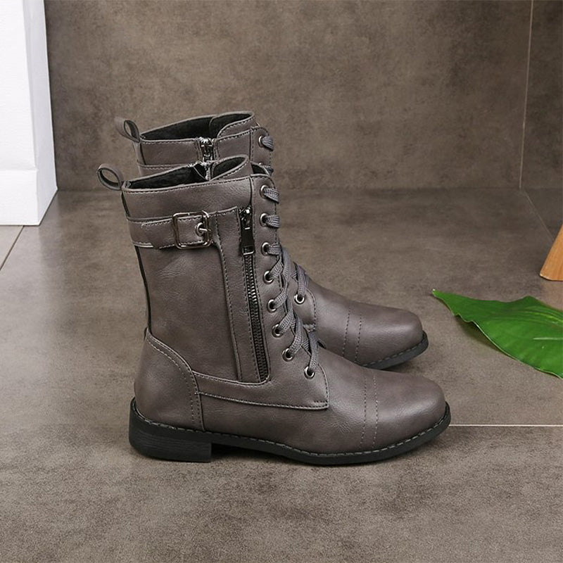 Femmes - Bottes mi-mollets à lacets - Fermeture à glissière et boucle