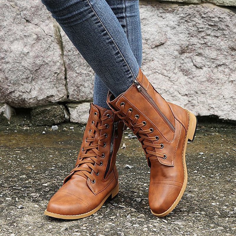 Femmes - Bottes mi-mollets à lacets - Fermeture à glissière et boucle