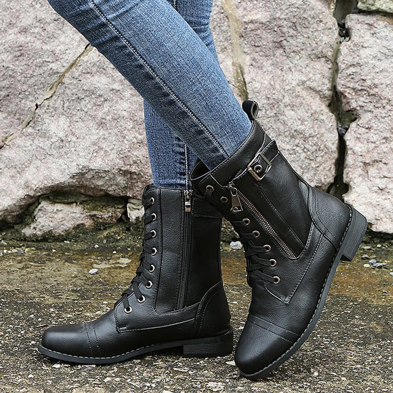 Femmes - Bottes mi-mollets à lacets - Fermeture à glissière et boucle