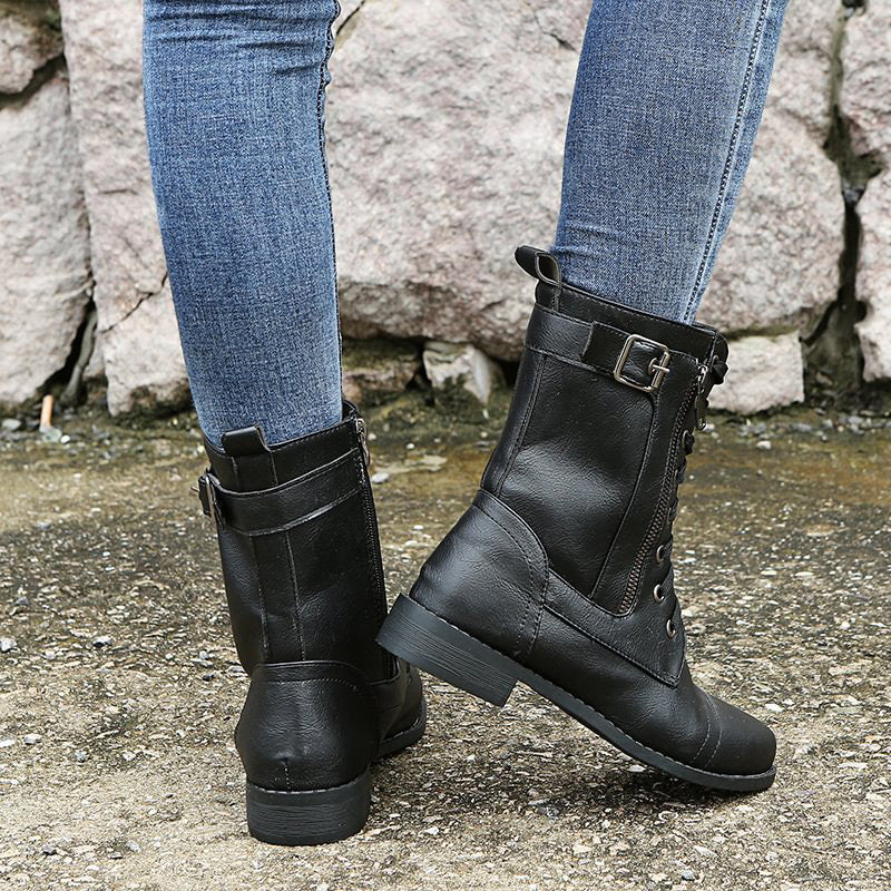 Femmes - Bottes mi-mollets à lacets - Fermeture à glissière et boucle