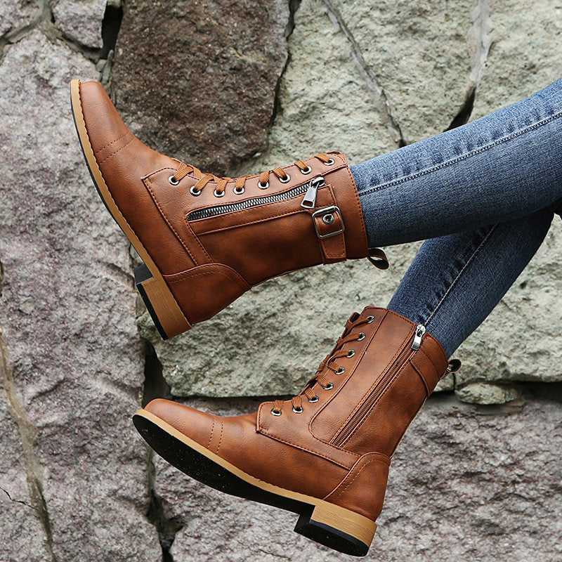 Femmes - Bottes mi-mollets à lacets - Fermeture à glissière et boucle