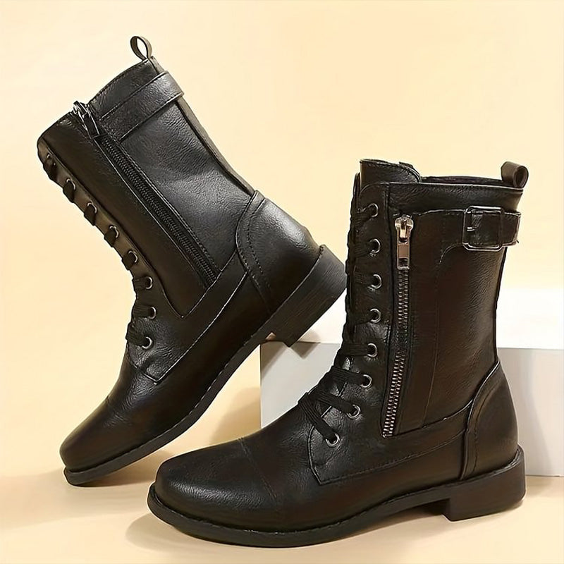 Femmes - Bottes mi-mollets à lacets - Fermeture à glissière et boucle