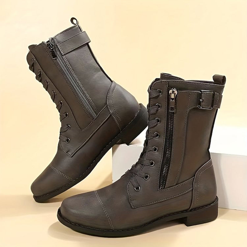 Femmes - Bottes mi-mollets à lacets - Fermeture à glissière et boucle